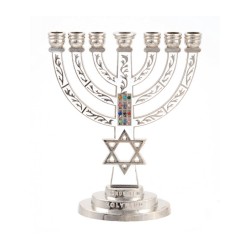 7 Branch Menorah White on Silver with Breastplat... | 7 Branch Menorah