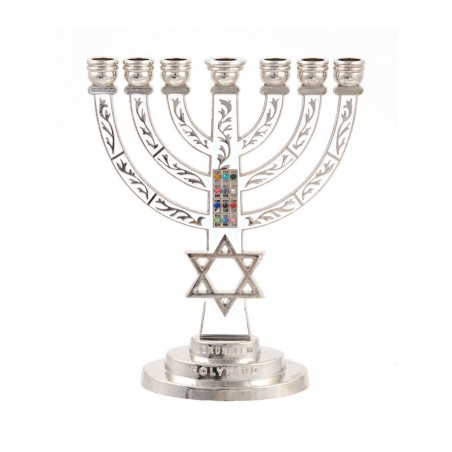 7 Branch Menorah White on Silver with Breastplat... | 7 Branch Menorah