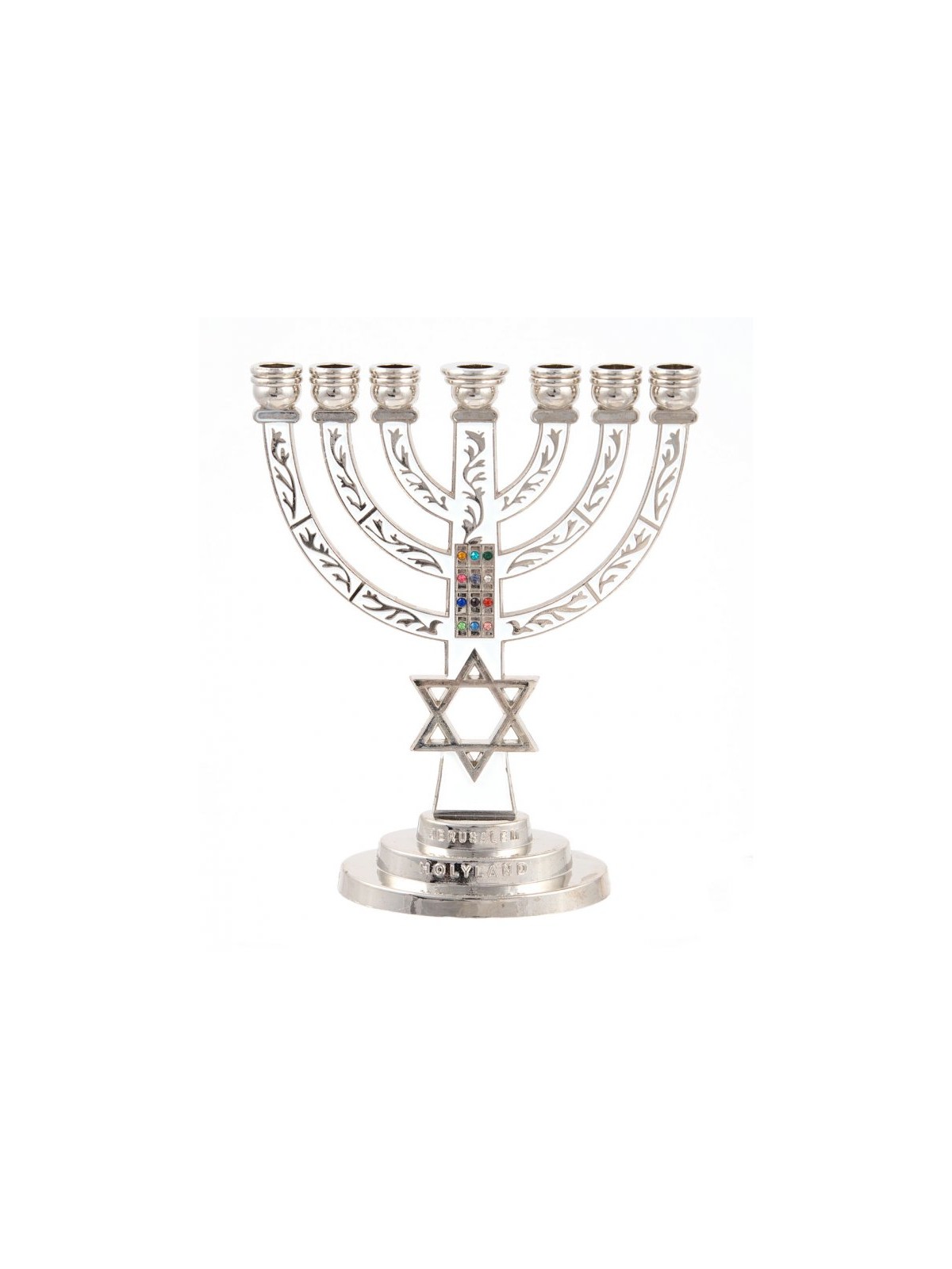 7 Branch Menorah White on Silver with Breastplat... | 7 Branch Menorah