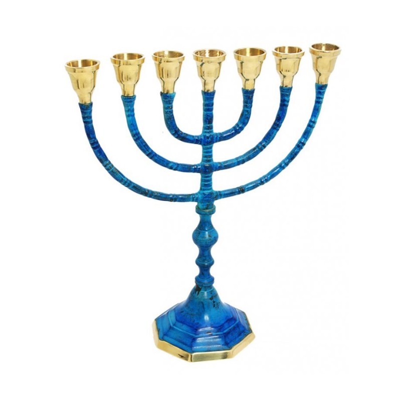 Seven Branch Menorah Brass with Deep Blue Patina... | 7 Branch Menorah