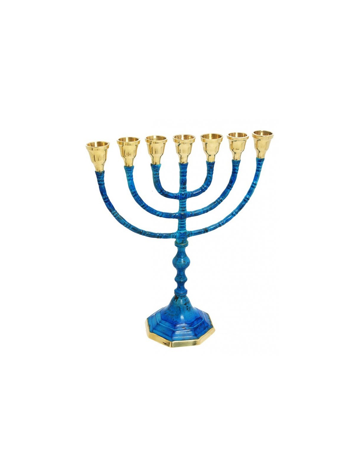 Seven Branch Menorah Brass with Deep Blue Patina... | 7 Branch Menorah