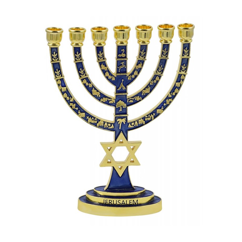 Gold with Blue Enamel 7 Branch Menorah Judaic Em... | 7 Branch Menorah