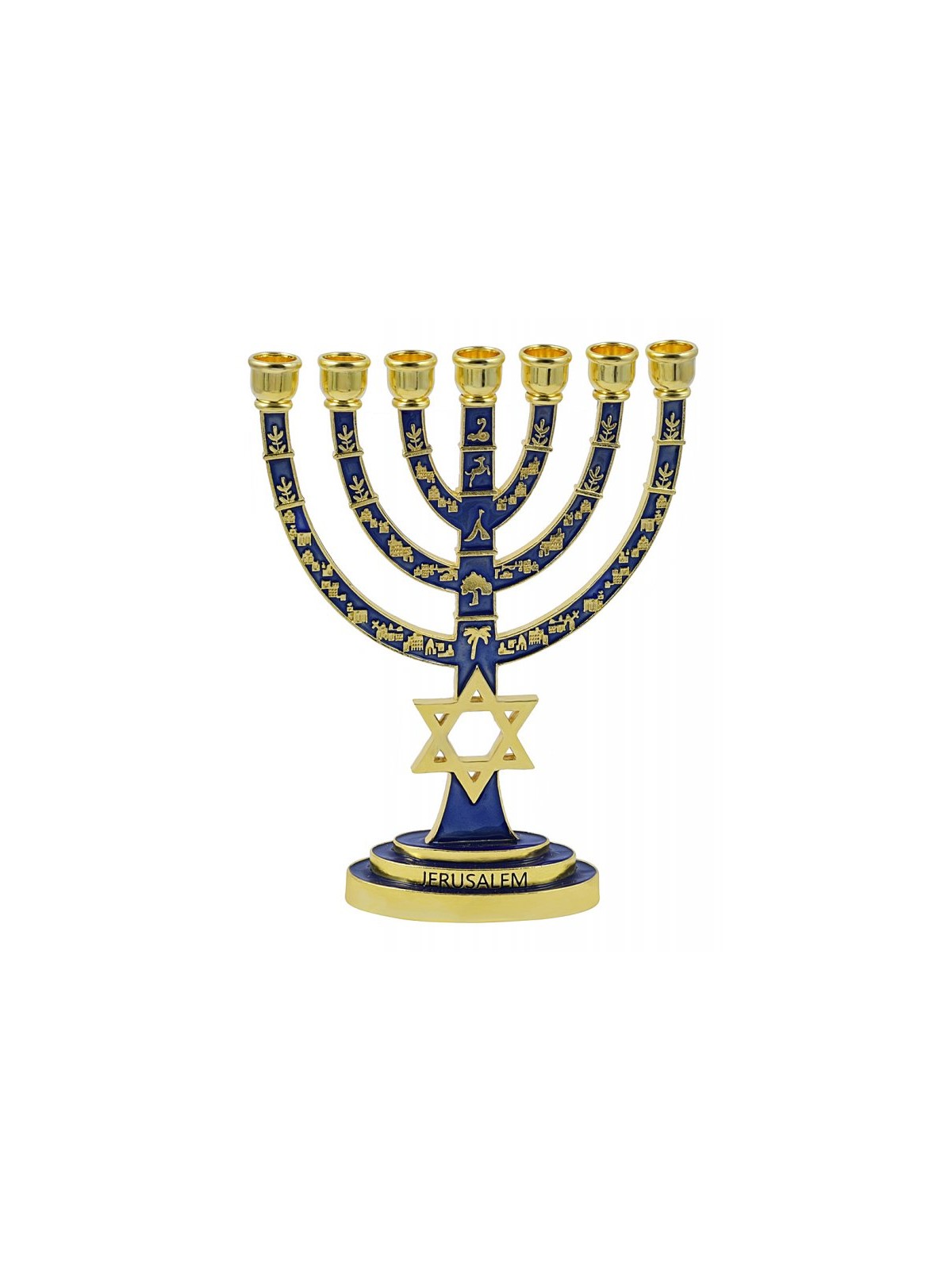 Gold with Blue Enamel 7 Branch Menorah Judaic Em... | 7 Branch Menorah