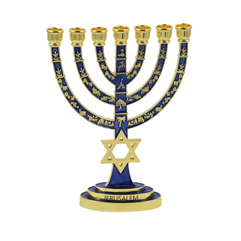 Gold with Blue Enamel 7 Branch Menorah Judaic Em... | 7 Branch Menorah