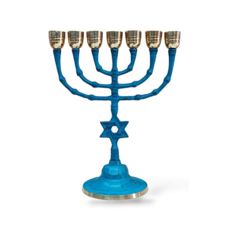 Seven Branch Patina Menorah with Star of David o... | 7 Branch Menorah