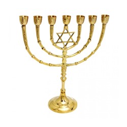 Seven Branch Menorah on Stem Gold Colored Brass ... | 7 Branch Menorah
