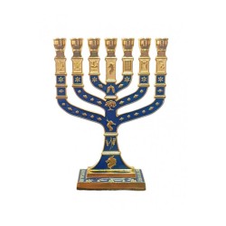Small Gold Metal 7 Branch Menorah with Enamel 12... | 7 Branch Menorah
