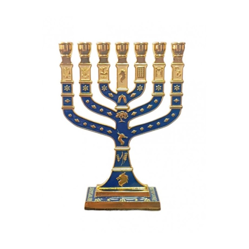 Small Gold Metal 7 Branch Menorah with Enamel 12... | 7 Branch Menorah