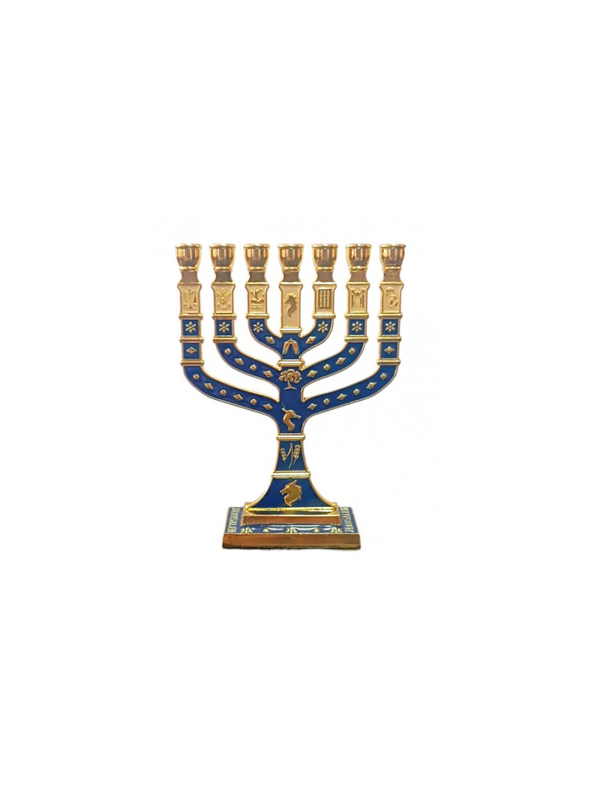 Small Gold Metal 7 Branch Menorah with Enamel 12... | 7 Branch Menorah
