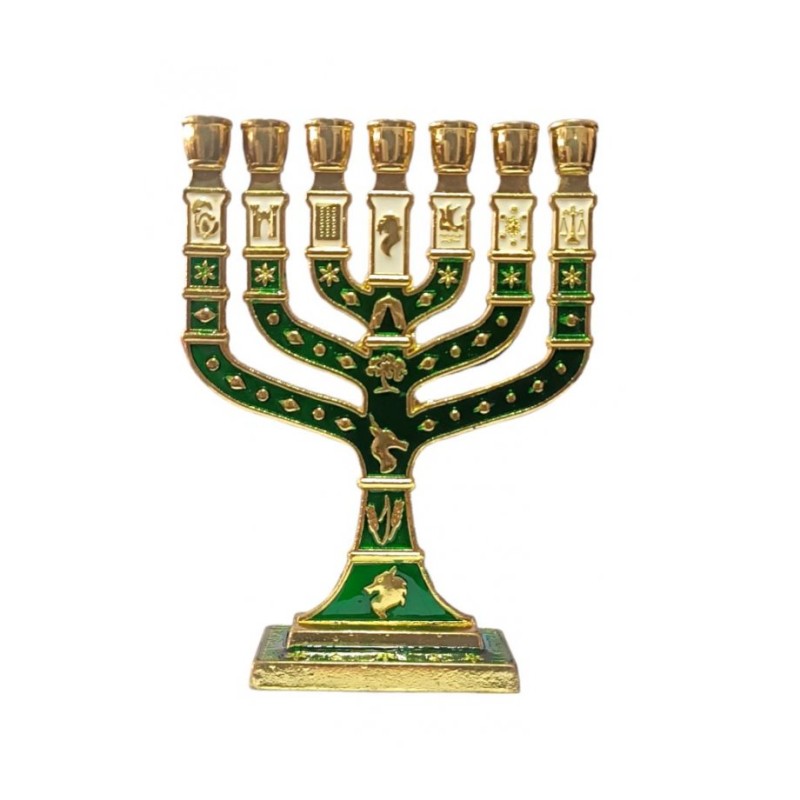 Small Gold Metal 7 Branch Menorah with Enamel 12... | 7 Branch Menorah