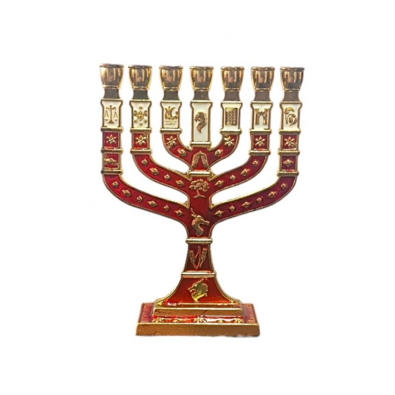 Small Gold Metal 7 Branch Menorah with Enamel 12... | 7 Branch Menorah