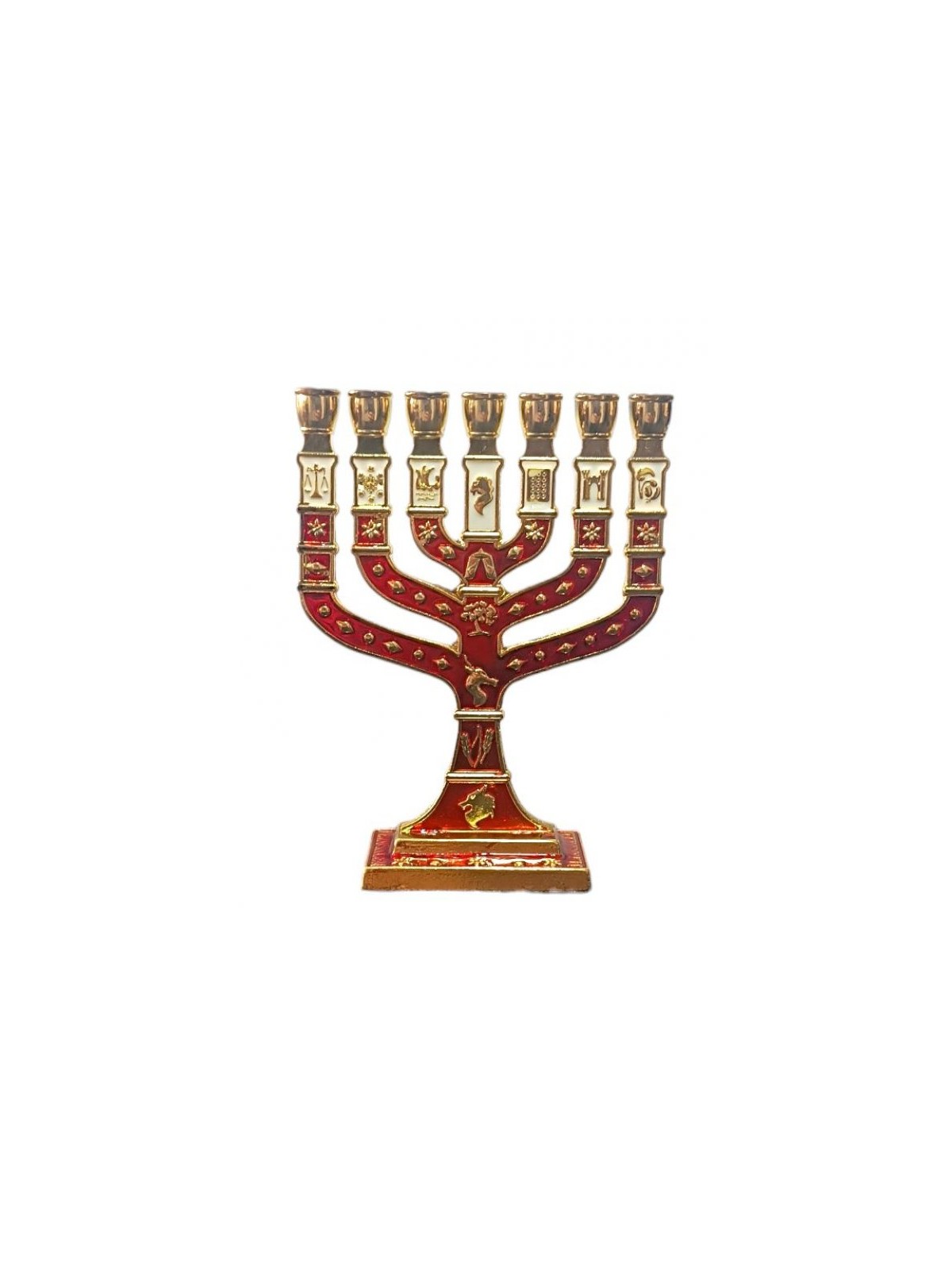 Small Gold Metal 7 Branch Menorah with Enamel 12... | 7 Branch Menorah