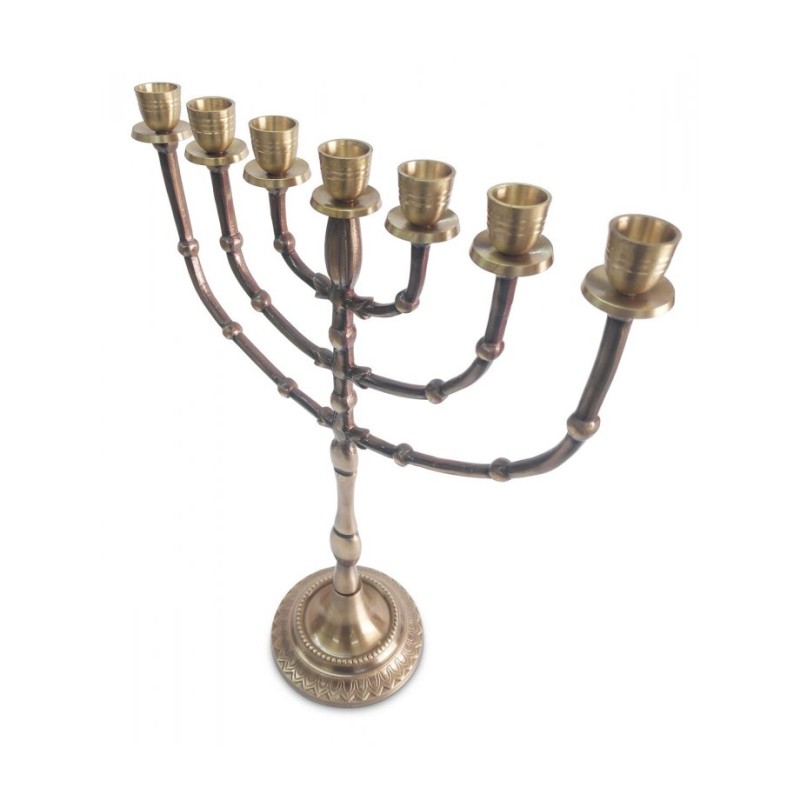 Seven Branch Menorah Dark Gold Brass with Bead D... | 7 Branch Menorah