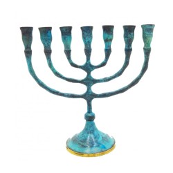 Seven Branch Menorah Brass with Blue Patina Enam... | 7 Branch Menorah