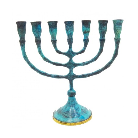 Seven Branch Menorah Brass with Blue Patina Enam... | 7 Branch Menorah