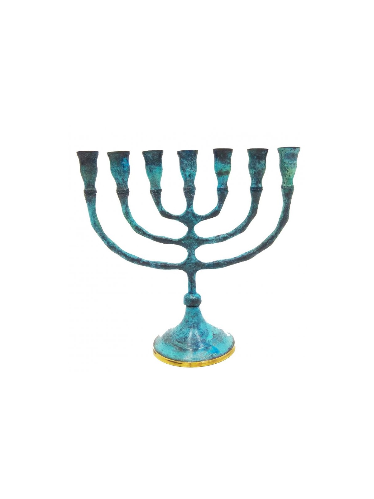 Seven Branch Menorah Brass with Blue Patina Enam... | 7 Branch Menorah