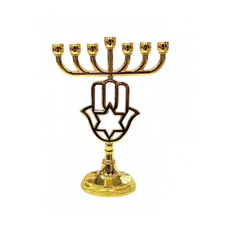Small Gold Color Seven Branch Menorah with Hamsa... | 7 Branch Menorah