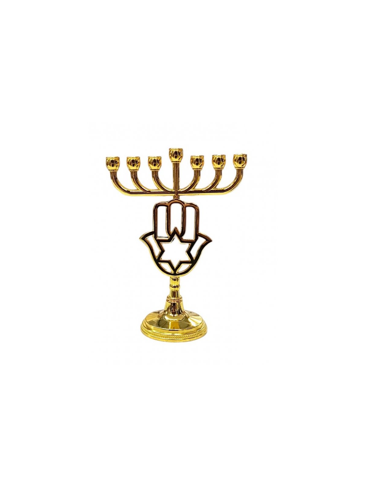 Small Gold Color Seven Branch Menorah with Hamsa... | 7 Branch Menorah