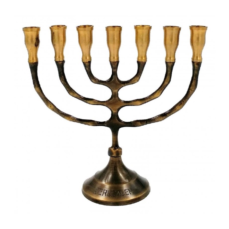 Small Seven Branch Menorah in Dark Gold Brass wi... | 7 Branch Menorah