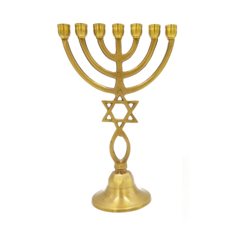 Dark Gold Brass 7 Branch Menorah with Star of Da... | 7 Branch Menorah