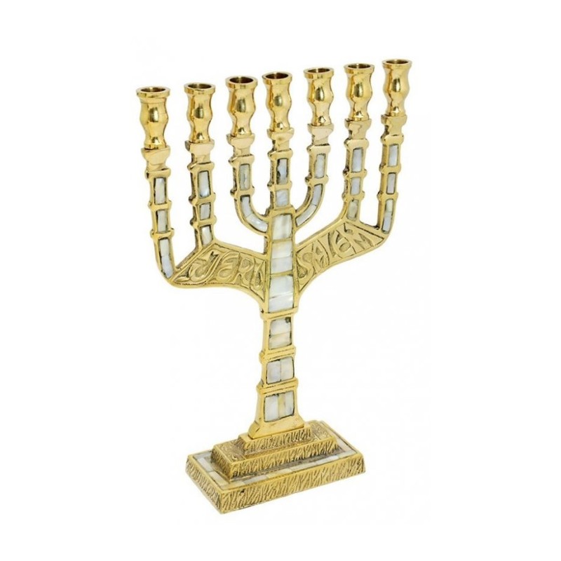 Seven Branch Menorah Gold Brass Mother of Pearl ... | 7 Branch Menorah