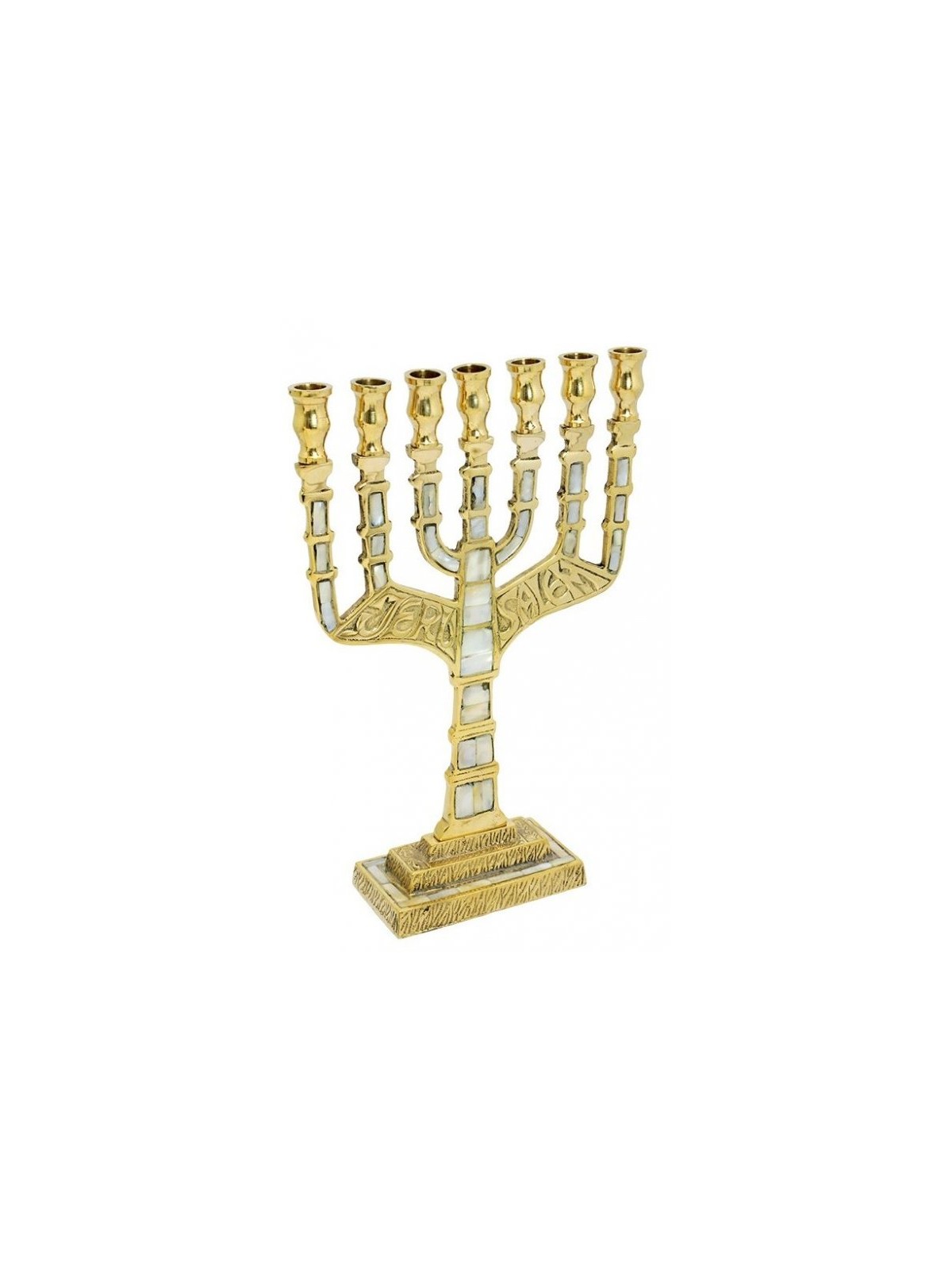Seven Branch Menorah Gold Brass Mother of Pearl ... | 7 Branch Menorah