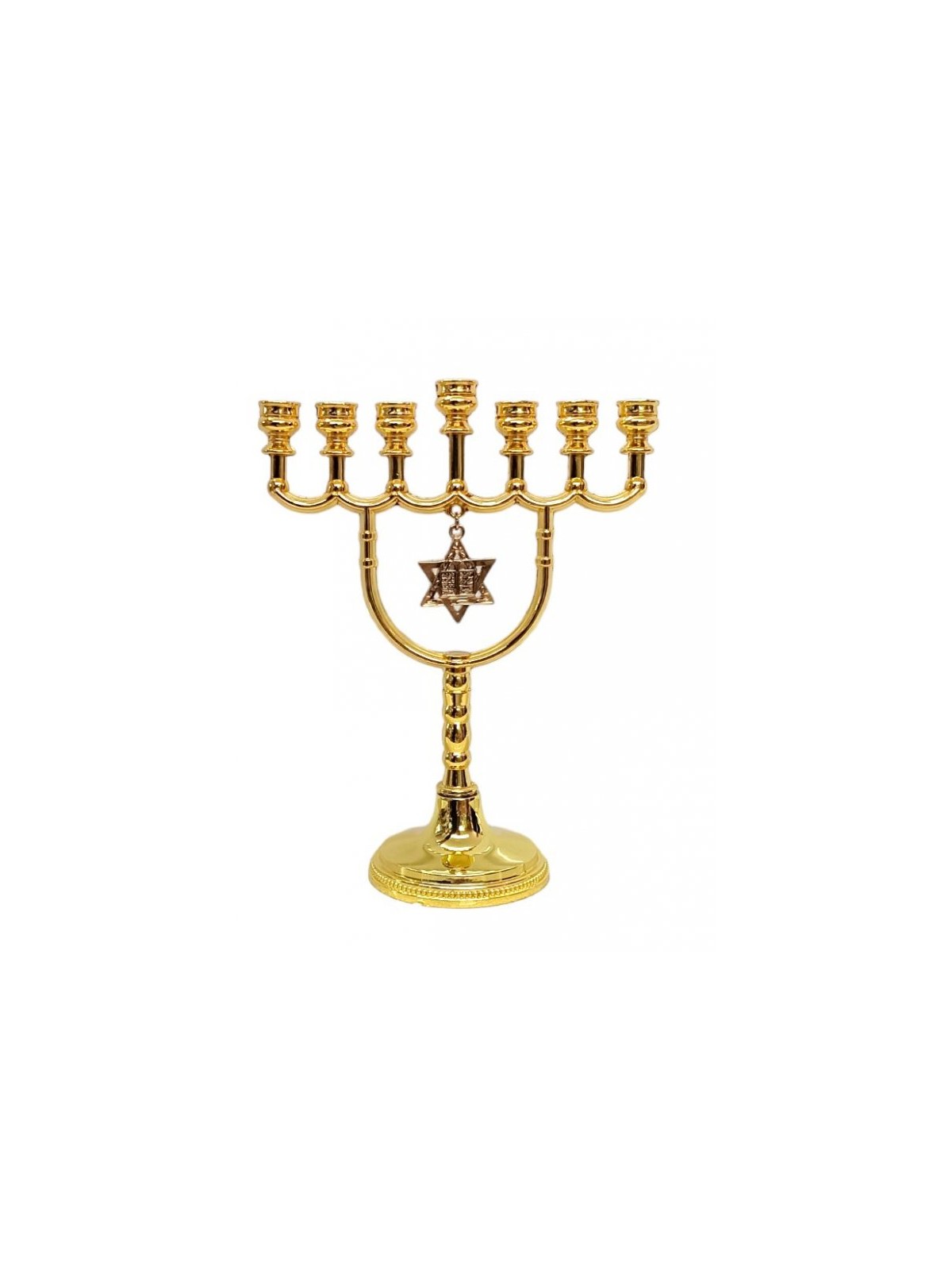 Small Gold Metal Seven Branch Menorah with Decor... | 7 Branch Menorah