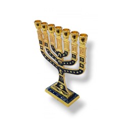 Seven Branch Menorah Gold Metal with Dark Blue E... | 7 Branch Menorah