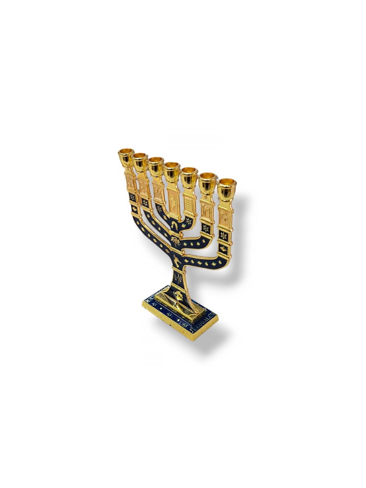 Seven Branch Menorah Gold Metal with Dark Blue E... | 7 Branch Menorah