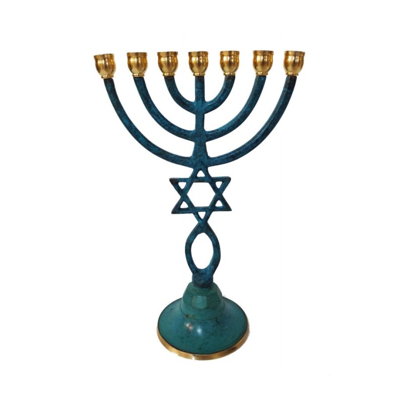 Seven Branch Patina Menorah with Star of David a... | 7 Branch Menorah