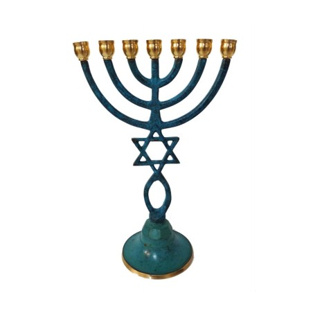 Seven Branch Patina Menorah with Star of David a... | 7 Branch Menorah