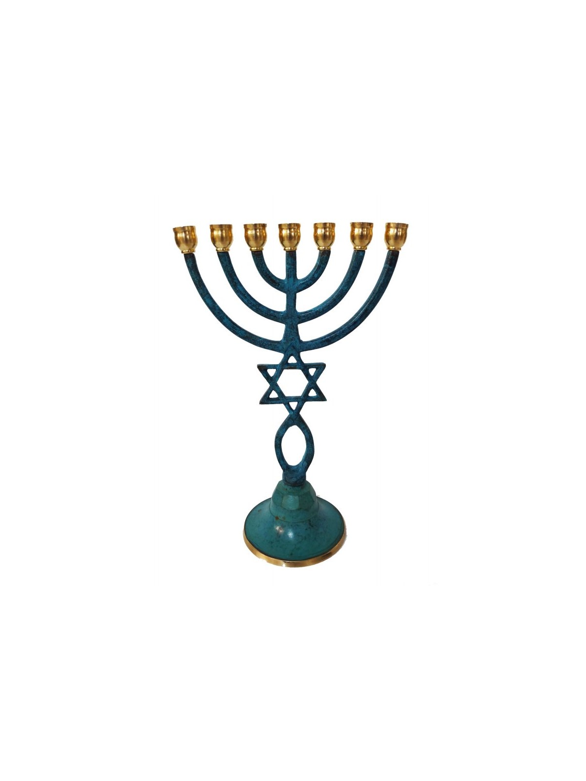 Seven Branch Patina Menorah with Star of David a... | 7 Branch Menorah