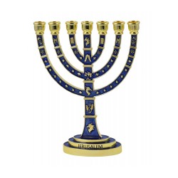 Seven Branch Gold Menorah Dark Blue Enamel Plate... | 7 Branch Menorah