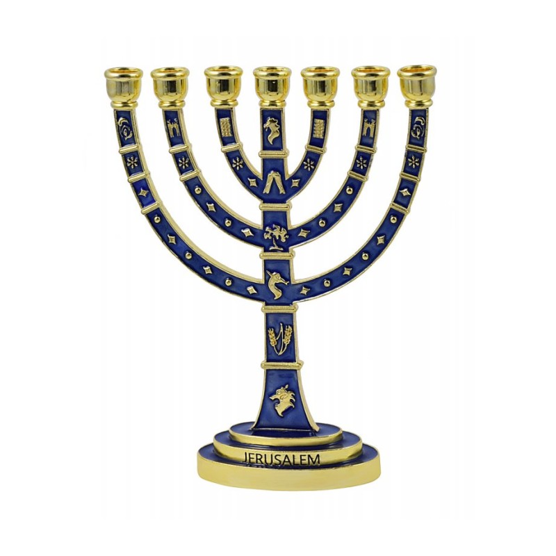 Seven Branch Gold Menorah Dark Blue Enamel Plate... | 7 Branch Menorah