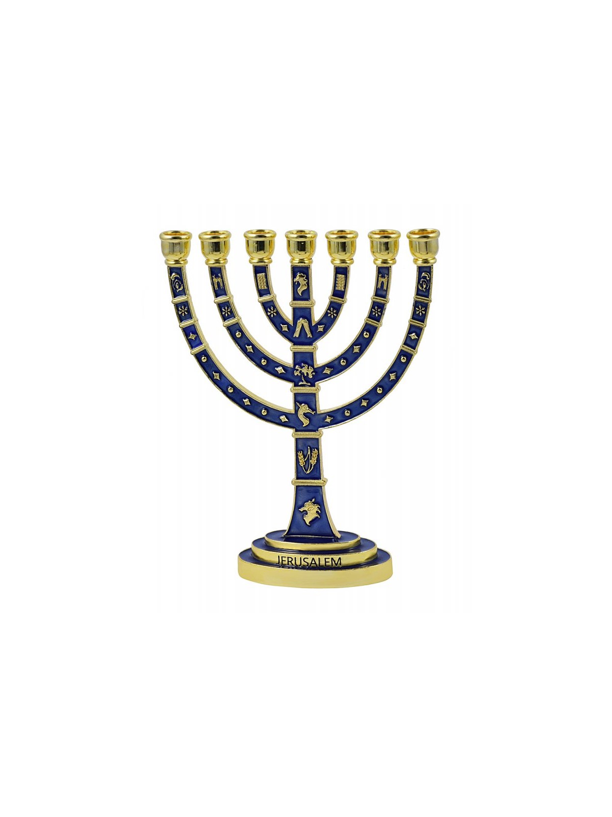 Seven Branch Gold Menorah Dark Blue Enamel Plate... | 7 Branch Menorah