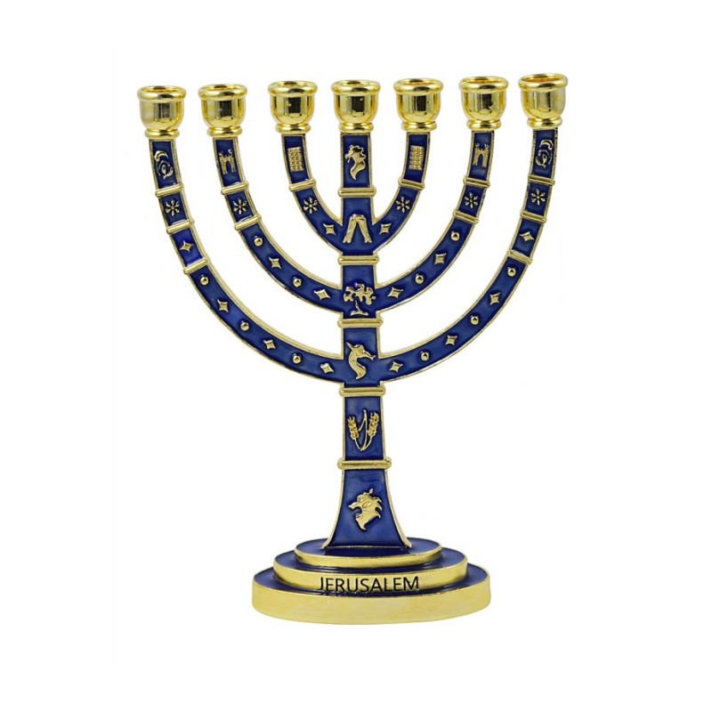 Seven Branch Gold Menorah Dark Blue Enamel Plate... | 7 Branch Menorah