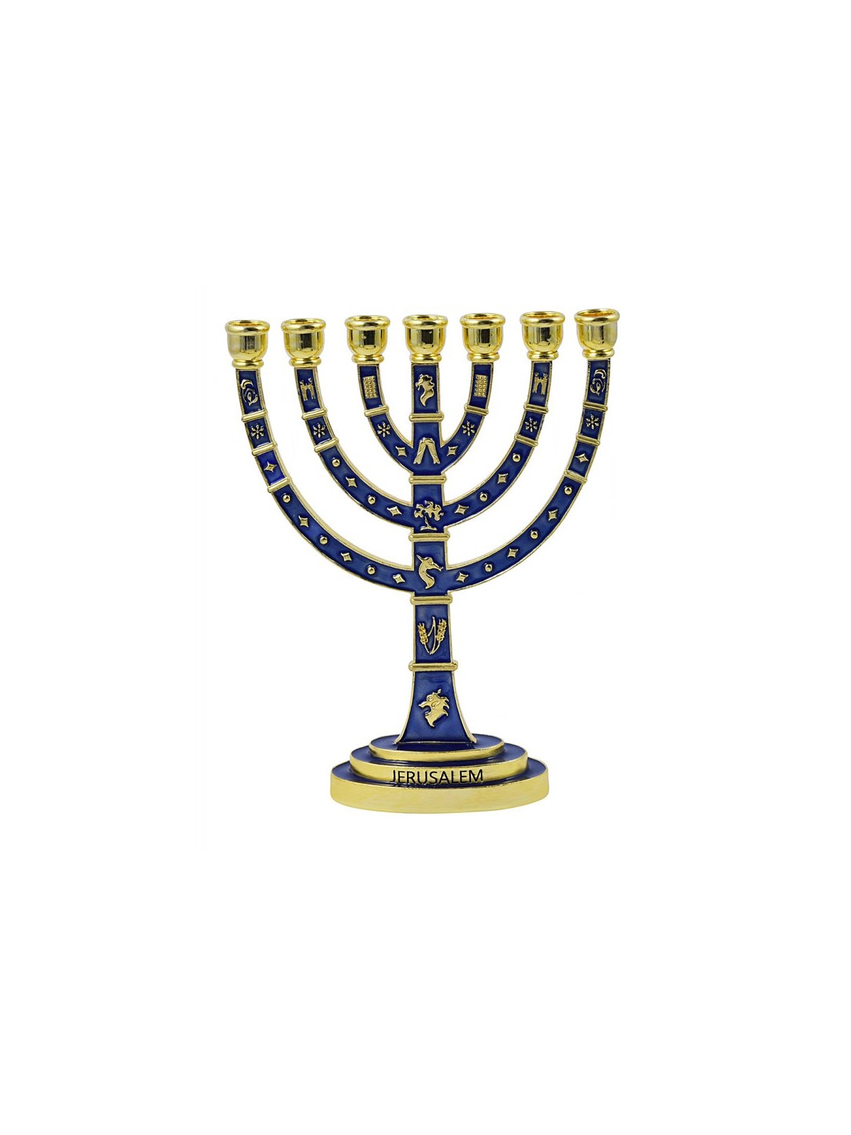Seven Branch Gold Menorah Dark Blue Enamel Plate... | 7 Branch Menorah