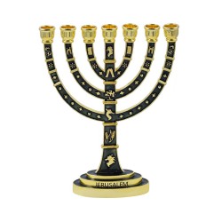 Seven Branch Menorah Gold Judaic Motifs on Dark ... | 7 Branch Menorah