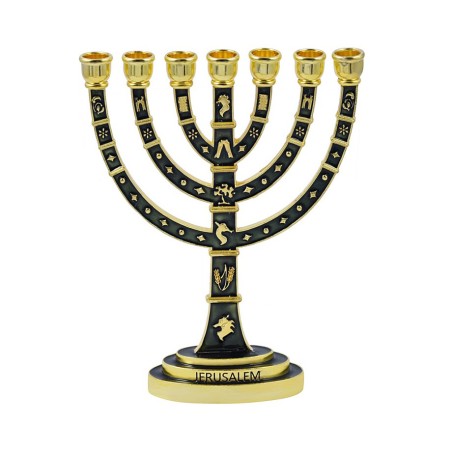 Seven Branch Menorah Gold Judaic Motifs on Dark ... | 7 Branch Menorah