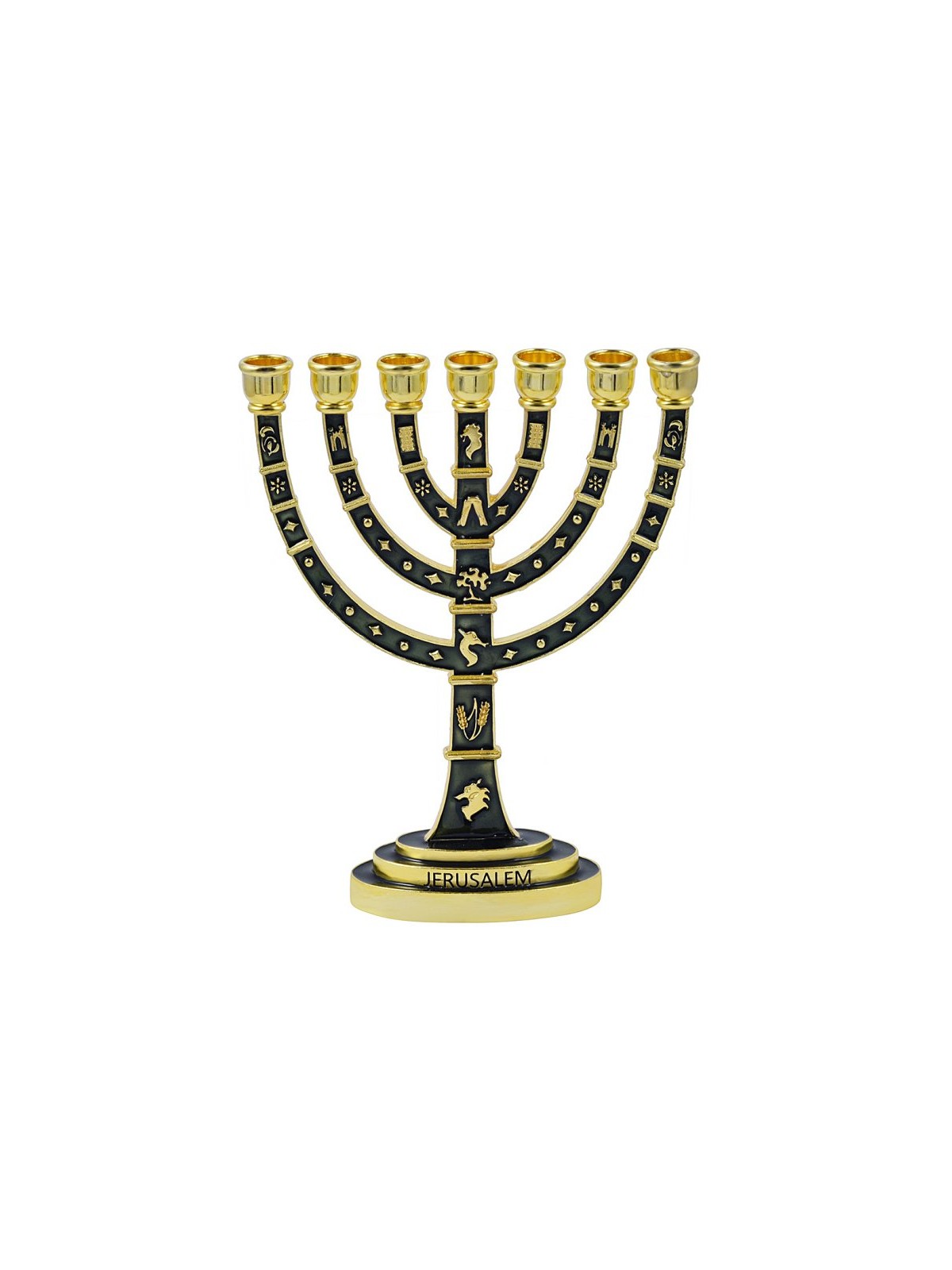 Seven Branch Menorah Gold Judaic Motifs on Dark ... | 7 Branch Menorah