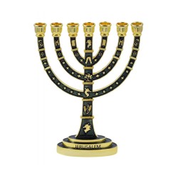 Seven Branch Menorah Gold Judaic Motifs on Dark ... | 7 Branch Menorah
