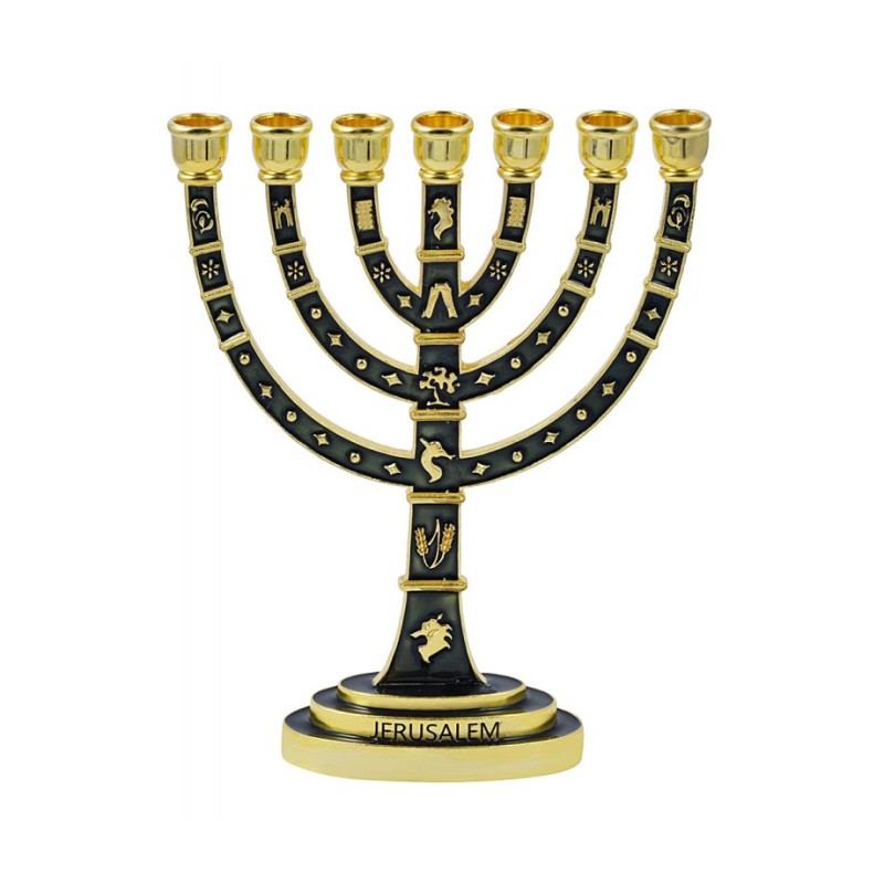 Seven Branch Menorah Gold Judaic Motifs on Dark ... | 7 Branch Menorah