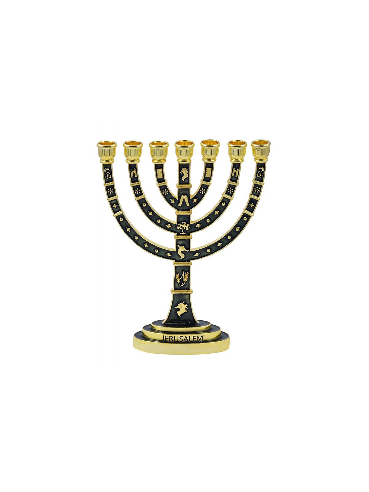 Seven Branch Menorah Gold Judaic Motifs on Dark ... | 7 Branch Menorah