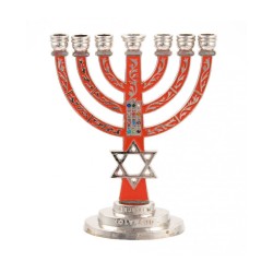 7 Branch Menorah Red on Silver with Breastplate ... | 7 Branch Menorah
