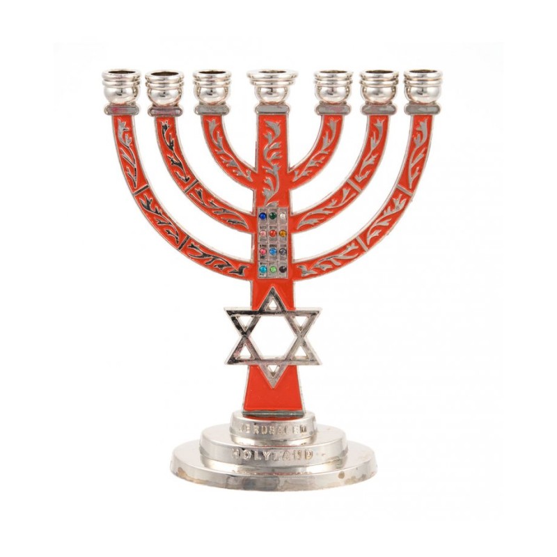 7 Branch Menorah Red on Silver with Breastplate ... | 7 Branch Menorah