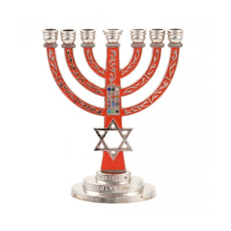 7 Branch Menorah Red on Silver with Breastplate ... | 7 Branch Menorah