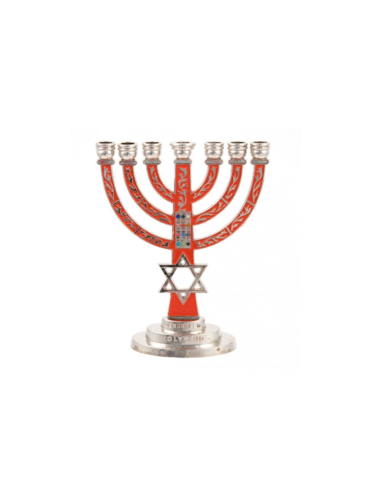 7 Branch Menorah Red on Silver with Breastplate ... | 7 Branch Menorah