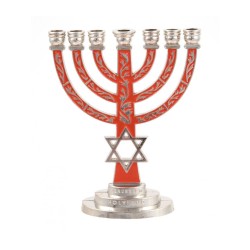 7 Branch Menorah Red on Silver with Breastplate ... | 7 Branch Menorah