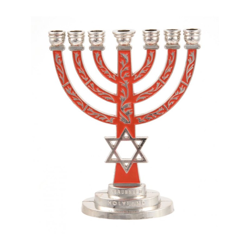 7 Branch Menorah Red on Silver with Breastplate ... | 7 Branch Menorah