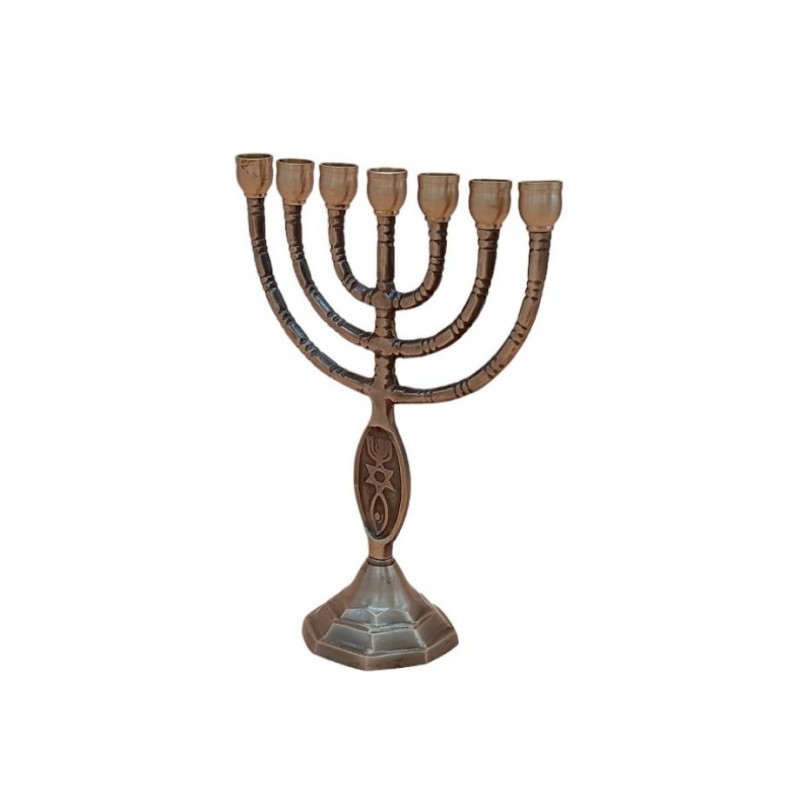 Small Seven Branch Menorah Fish Design Brass Ant... | 7 Branch Menorah